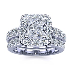 4 1/4 Carat Princess Halo Natural Diamond Bridal Set in 14k White Gold