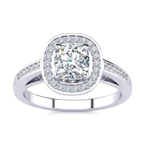 1 1/4 Carat Natural Cushion Cut Halo Diamond Engagement Ring In 14 Karat White Gold