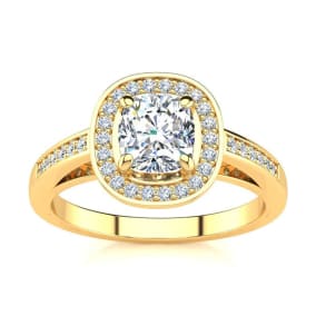 1 1/4 Carat Natural Cushion Cut Halo Diamond Engagement Ring In 14 Karat Yellow Gold