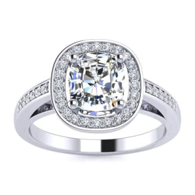 1 3/4 Carat Natural Cushion Cut Halo Diamond Engagement Ring In 14 Karat White Gold
