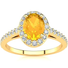 1 Carat Oval Shape Citrine and Halo Diamond Ring In 14 Karat Yellow Gold