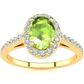 1 Carat Oval Shape Peridot and Halo Diamond Ring In 14 Karat Yellow Gold