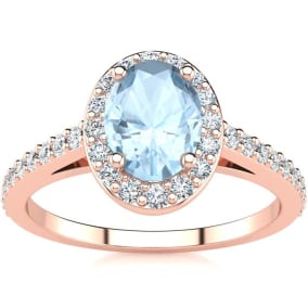 1 Carat Oval Shape Aquamarine and Halo Diamond Ring In 14 Karat Rose Gold