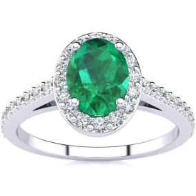 1 Carat Oval Shape Emerald and Halo Diamond Ring In 14 Karat White Gold