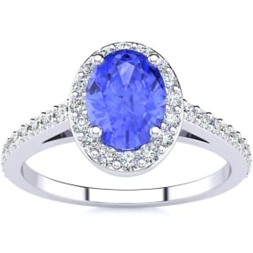1 1/4 Carat Oval Shape Tanzanite and Halo Diamond Ring In 14 Karat White Gold