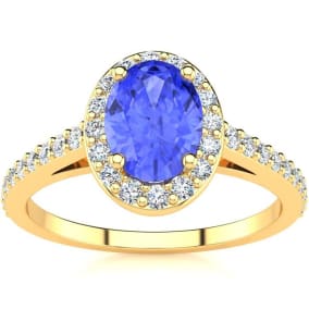 1 1/4 Carat Oval Shape Tanzanite and Halo Diamond Ring In 14 Karat Yellow Gold