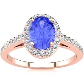 1 1/4 Carat Oval Shape Tanzanite and Halo Diamond Ring In 14 Karat Rose Gold