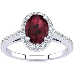 1 1/3 Carat Oval Shape Garnet and Halo Diamond Ring In 14 Karat White Gold