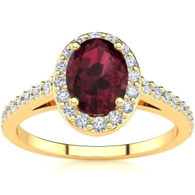 1 1/3 Carat Oval Shape Garnet and Halo Diamond Ring In 14 Karat Yellow Gold
