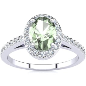 1 Carat Oval Shape Green Amethyst and Halo Diamond Ring In 14 Karat White Gold