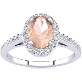 1 Carat Oval Shape Morganite and Halo Diamond Ring In 14 Karat White Gold