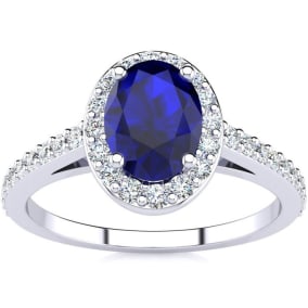 1 1/3 Carat Oval Shape Sapphire and Halo Diamond Ring In 14 Karat White Gold