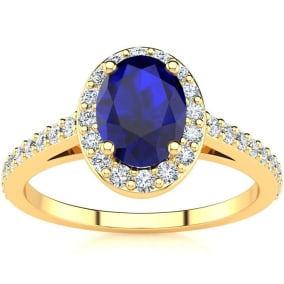 1 1/3 Carat Oval Shape Sapphire and Halo Diamond Ring In 14 Karat Yellow Gold