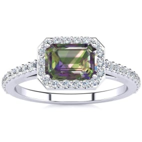 1-1/4 Carat Octagon Shape Mystic Topaz Ring With Diamond Halo In 14 Karat White Gold