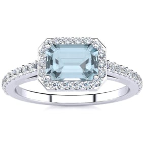 1 1/4 Carat Aquamarine and Halo Diamond Ring In 14 Karat White Gold