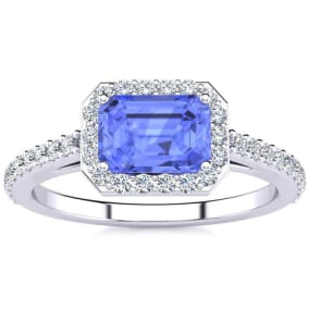 1 1/2 Carat Tanzanite and Halo Diamond Ring In 14 Karat White Gold