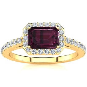 1 1/2 Carat Garnet and Halo Diamond Ring In 14 Karat Yellow Gold