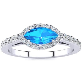 1 Carat Marquise Shape Blue Topaz and Halo Diamond Ring In 14 Karat White Gold