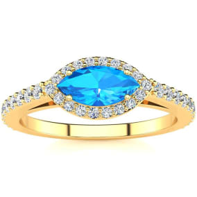 1 Carat Marquise Shape Blue Topaz and Halo Diamond Ring In 14 Karat Yellow Gold
