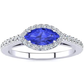 3/4 Carat Marquise Shape Tanzanite and Halo Diamond Ring In 14 Karat White Gold