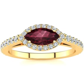 1 Carat Marquise Shape Garnet and Halo Diamond Ring In 14 Karat Yellow Gold