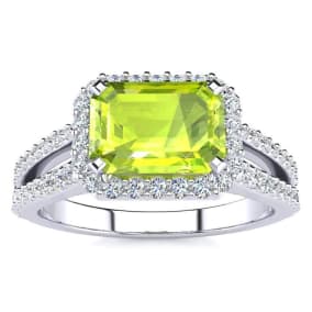 1 1/2 Carat Antique Peridot and Halo Diamond Ring In 14 Karat White Gold