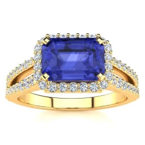 1 1/2 Carat Antique Tanzanite and Halo Diamond Ring In 14 Karat Yellow Gold