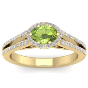1 1/3 Carat Oval Shape Antique Peridot and Halo Diamond Ring In 14 Karat Yellow Gold