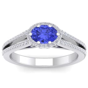 1 1/3 Carat Oval Shape Antique Tanzanite and Halo Diamond Ring In 14 Karat White Gold