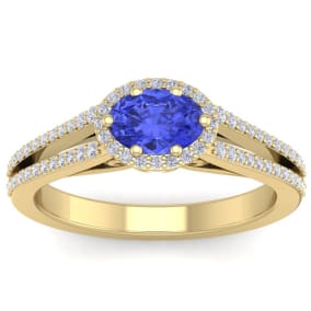 1 1/3 Carat Oval Shape Antique Tanzanite and Halo Diamond Ring In 14 Karat Yellow Gold
