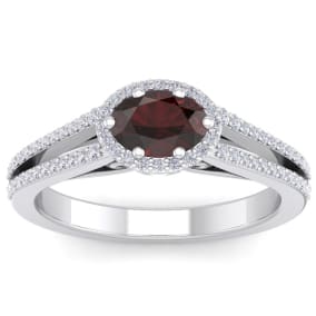 1 1/2 Carat Oval Shape Antique Garnet and Halo Diamond Ring In 14 Karat White Gold