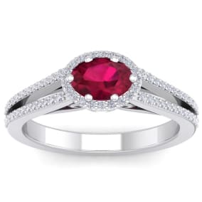 1 1/3 Carat Oval Shape Antique Ruby and Halo Diamond Ring In 14 Karat White Gold