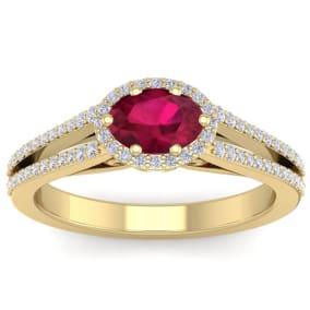 1 1/3 Carat Oval Shape Antique Ruby and Halo Diamond Ring In 14 Karat Yellow Gold