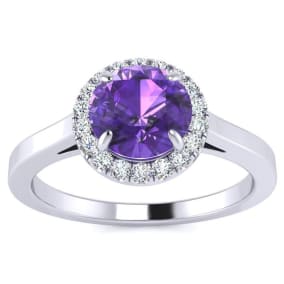 3/4 Carat Round Shape Amethyst and Halo Diamond Ring In 14 Karat White Gold