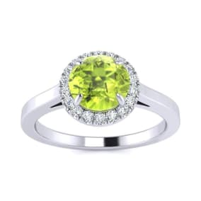 1 Carat Round Shape Peridot and Halo Diamond Ring In 14 Karat White Gold