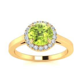 1 Carat Round Shape Peridot and Halo Diamond Ring In 14 Karat Yellow Gold