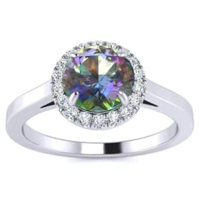3/4 Carat Round Shape Mystic Topaz Ring Diamond Halo In 14 Karat White Gold