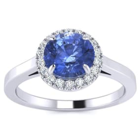 1 Carat Round Shape Tanzanite and Halo Diamond Ring In 14 Karat White Gold