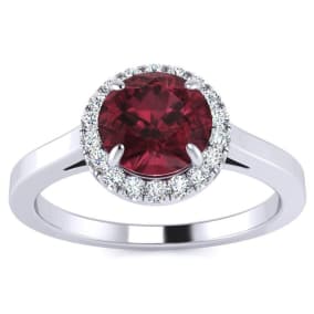 1 1/4 Carat Round Shape Garnet and Halo Diamond Ring In 14 Karat White Gold