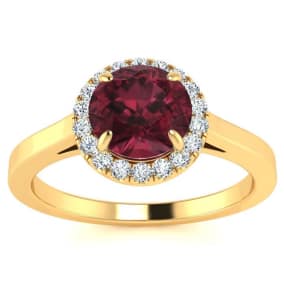 1 1/4 Carat Round Shape Garnet and Halo Diamond Ring In 14 Karat Yellow Gold