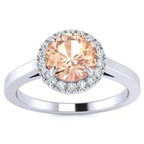 1 Carat Round Shape Morganite and Halo Diamond Ring In 14 Karat White Gold