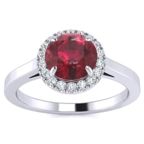 1 Carat Round Shape Ruby and Halo Diamond Ring In 14 Karat White Gold
