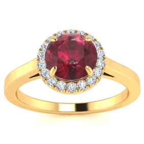 1 Carat Round Shape Ruby and Halo Diamond Ring In 14 Karat Yellow Gold