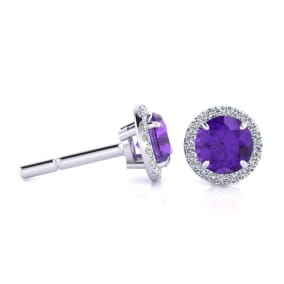 1 Carat Round Shape Amethyst and Halo Diamond Earrings In 14 Karat White Gold