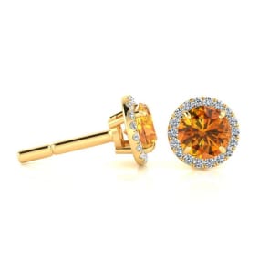 1 Carat Round Shape Citrine and Halo Diamond Earrings In 14 Karat Yellow Gold