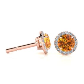 1 Carat Round Shape Citrine and Halo Diamond Earrings In 14 Karat Rose Gold