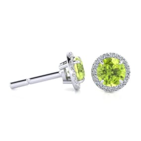 1 1/4 Carat Round Shape Peridot and Halo Diamond Earrings In 14 Karat White Gold