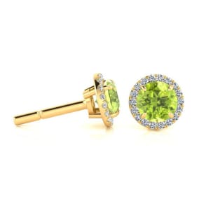 1 1/4 Carat Round Shape Peridot and Halo Diamond Earrings In 14 Karat Yellow Gold