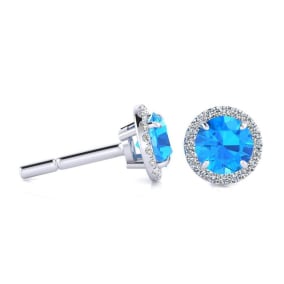 1 1/4 Carat Round Shape Blue Topaz and Halo Diamond Earrings In 14 Karat White Gold