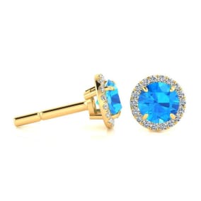 1 1/4 Carat Round Shape Blue Topaz and Halo Diamond Earrings In 14 Karat Yellow Gold